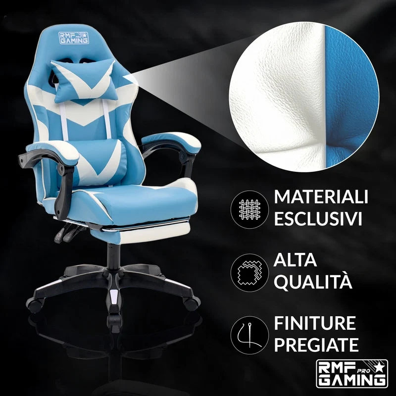 Sedia gaming ergonomica azzurra e bianca con supporto lombare