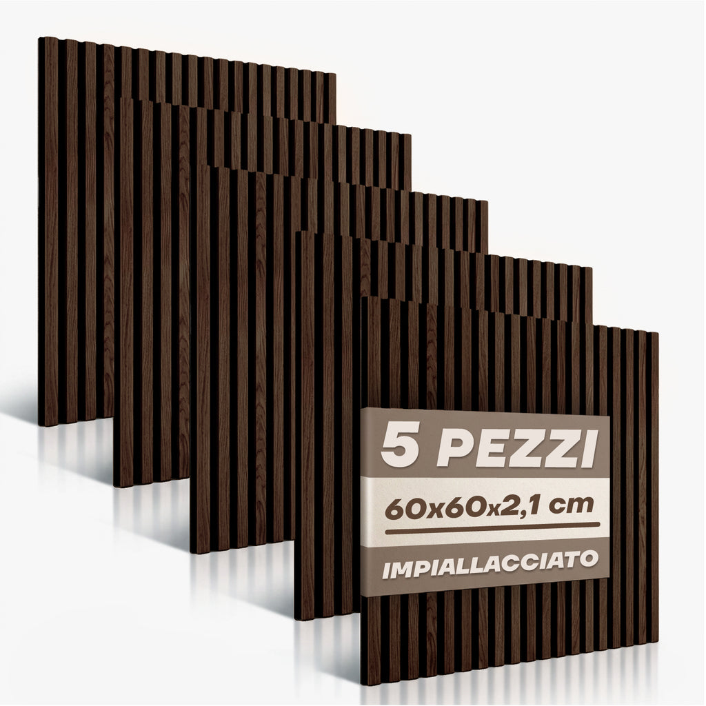 Set 5 Pannelli Decorativi Fonoassorbenti in Legno 60x60 cm – Fumo Scuro