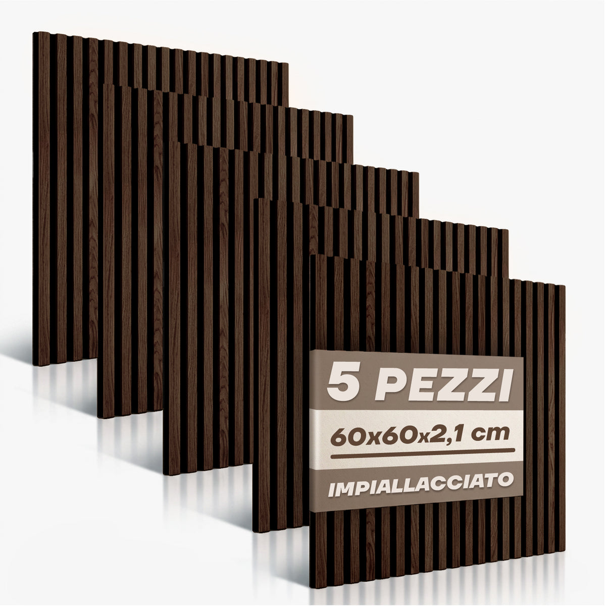 Set 5 Pannelli Decorativi Fonoassorbenti in Legno 60x60 cm – Fumo Scuro