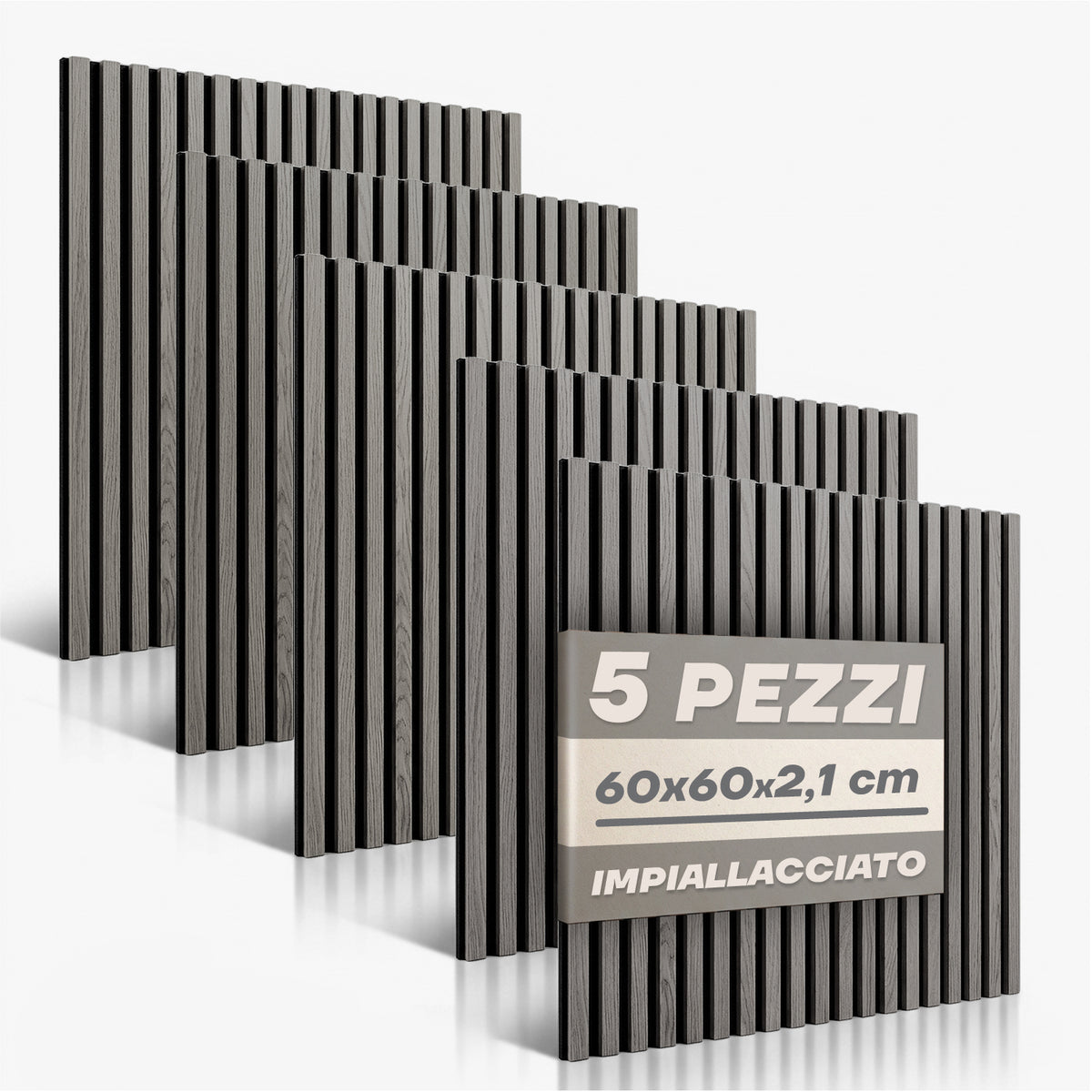 Set 5 Pannelli Decorativi Fonoassorbenti in Legno 60x60 cm – Rovere Grigio