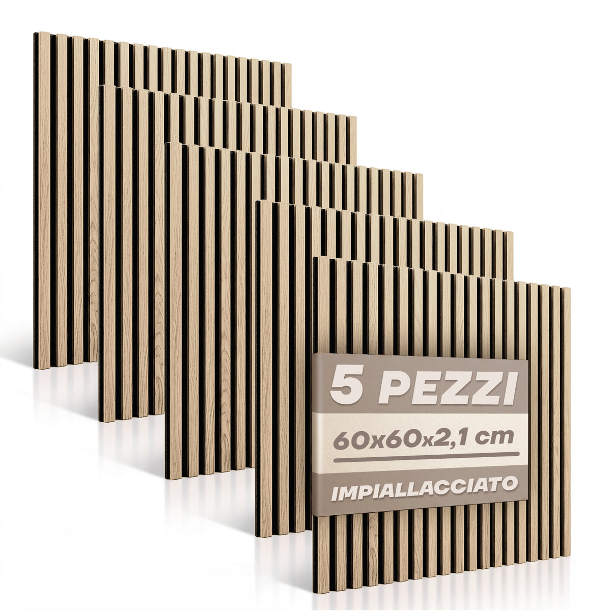 Set 5 Pannelli Decorativi Fonoassorbenti in Legno 60x60 cm – Rovere Chiaro