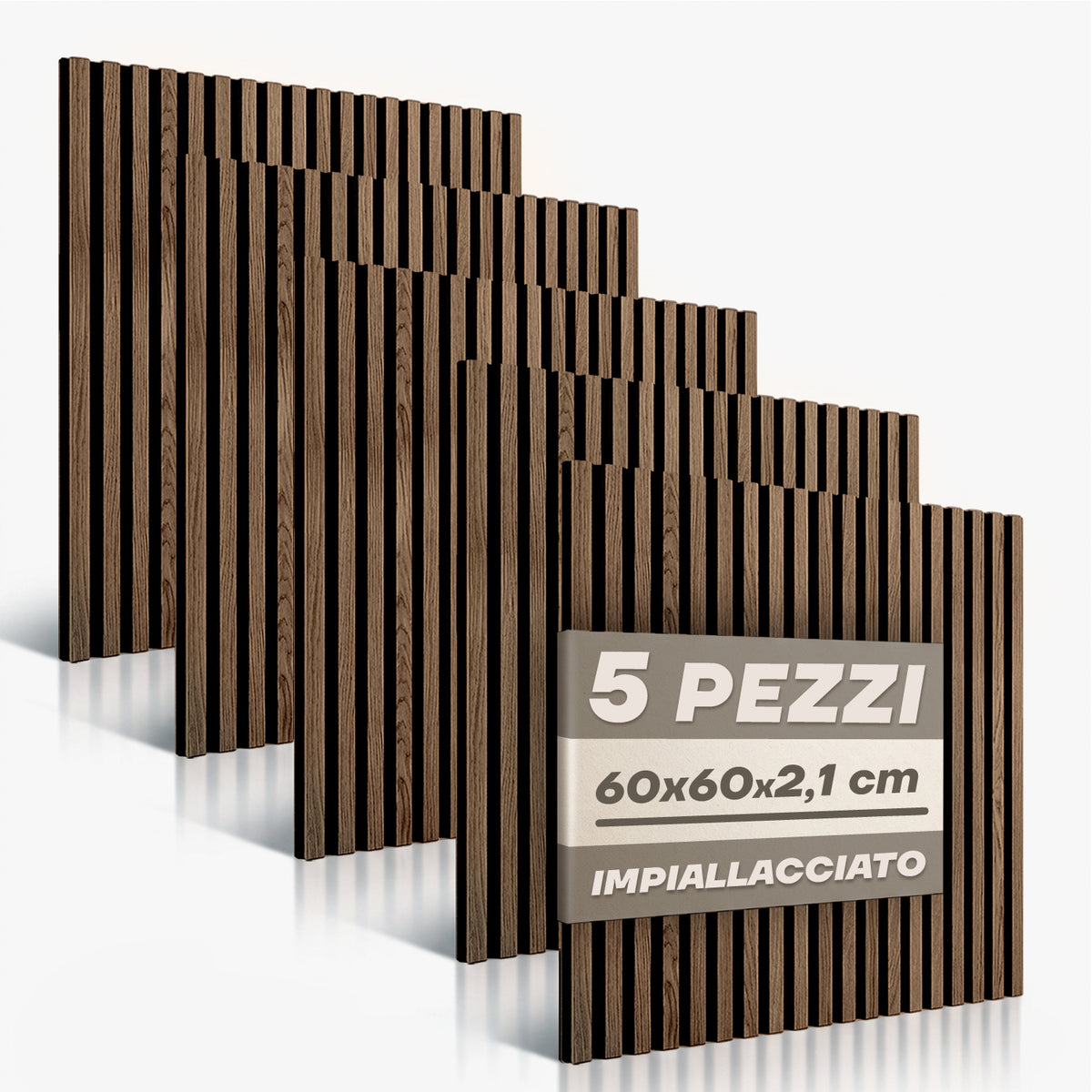 Set 5 Pannelli Decorativi Fonoassorbenti in Legno 60x60 cm – Fumo Chiaro