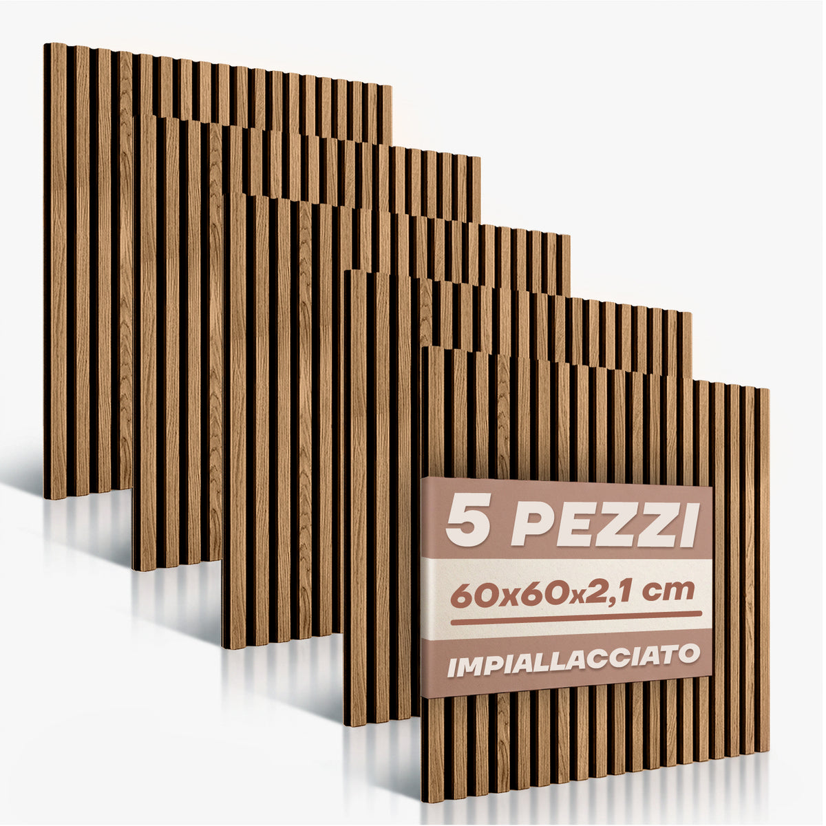 Set 5 Pannelli Decorativi Fonoassorbenti in Legno 60x60 cm – Teak