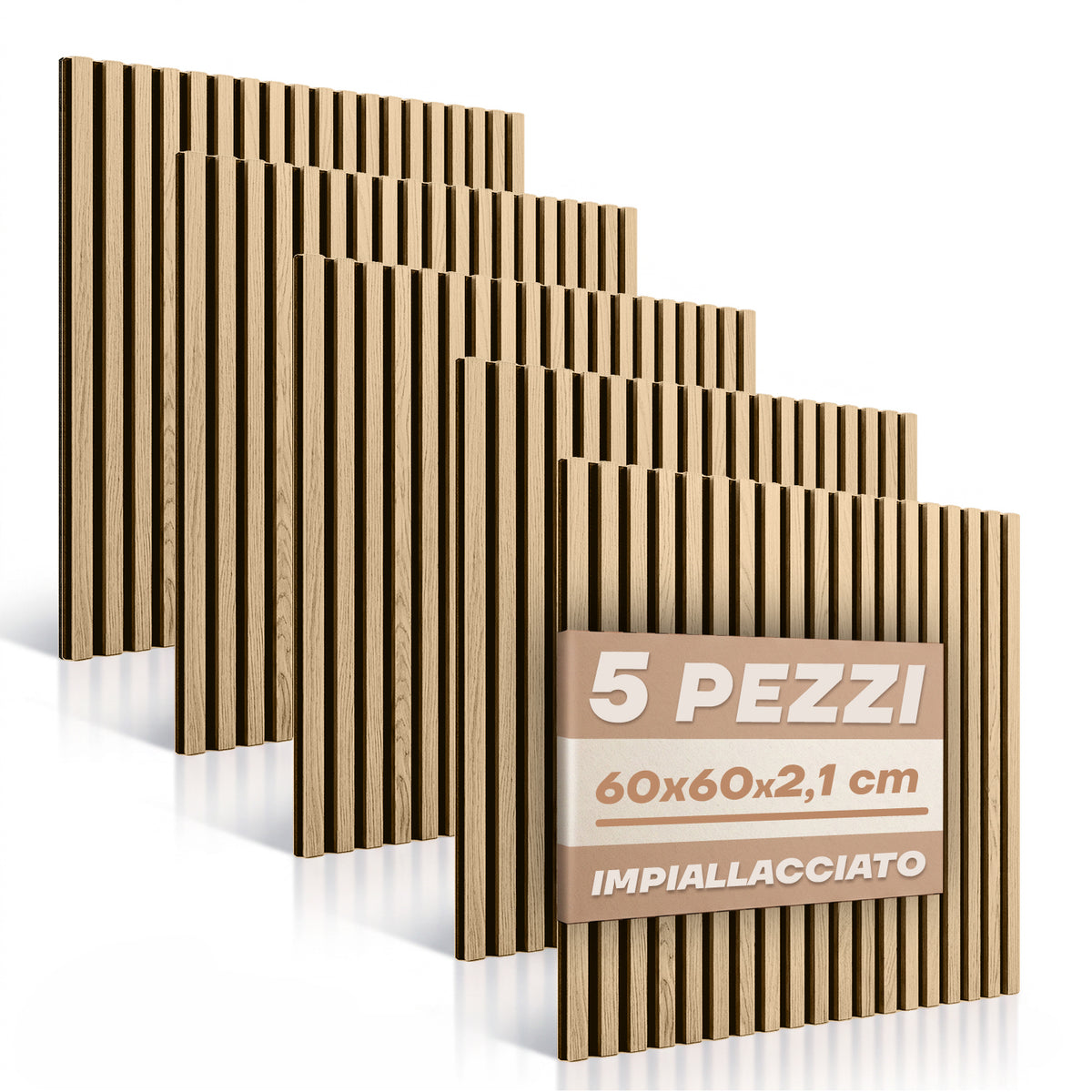 Set 5 Pannelli Decorativi Fonoassorbenti in Legno 60x60 cm – Rovere Bianco