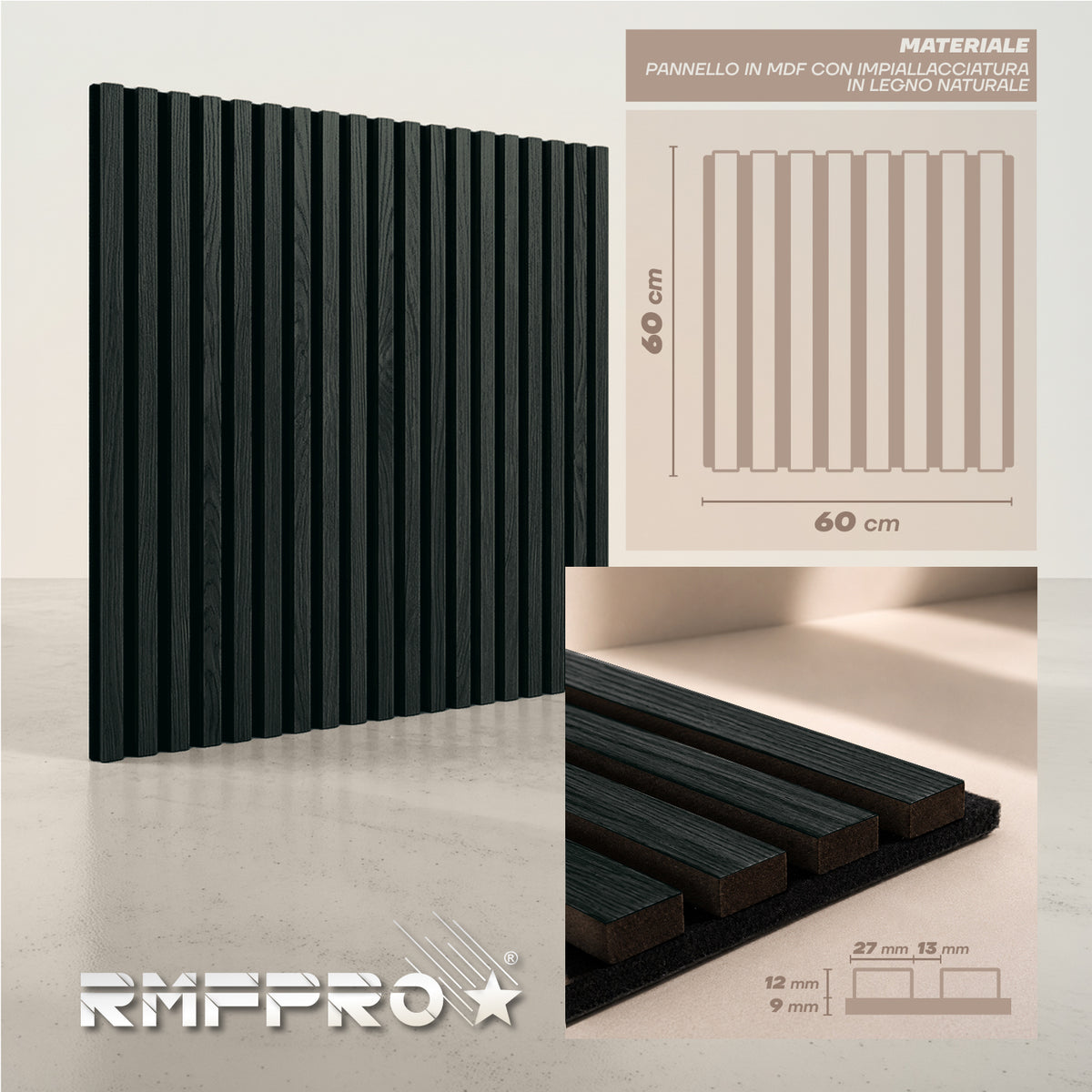 Set 5 Pannelli Decorativi Fonoassorbenti in Legno 60x60 cm – Rovere Nero