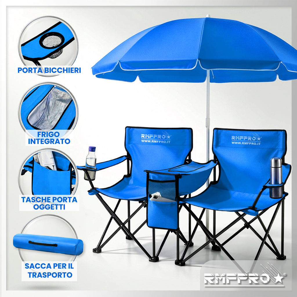 Set Ombrellone Blu con 2 Sedie da Esterno e Borsa Termica Centrale