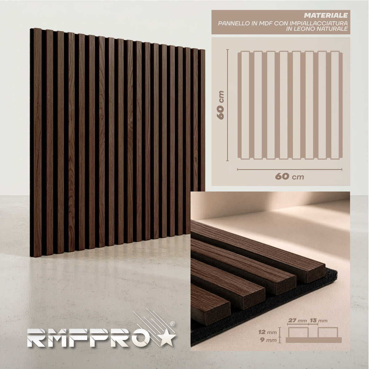 Set 5 Pannelli Decorativi Fonoassorbenti in Legno 60x60 cm – Fumo Scuro