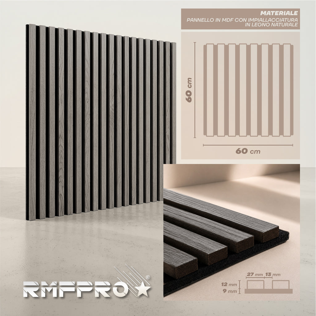 Set 5 Pannelli Decorativi Fonoassorbenti in Legno 60x60 cm – Rovere Grigio