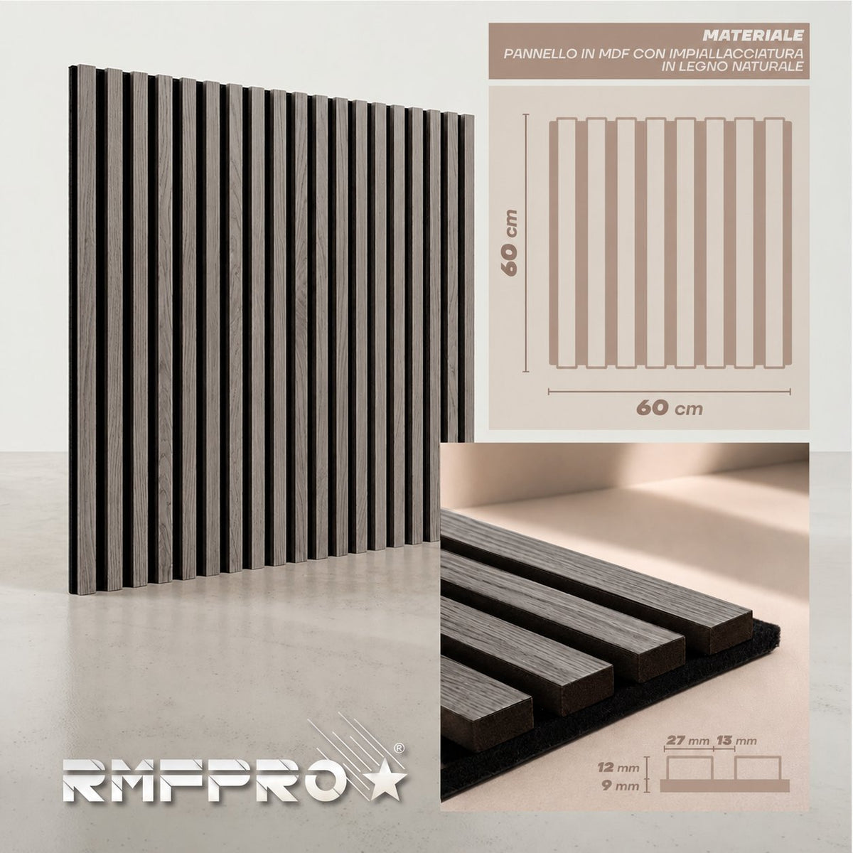 Pannello decorativo fonoassorbente Rovere Grigio 60x60 cm, dettaglio finitura e misure.