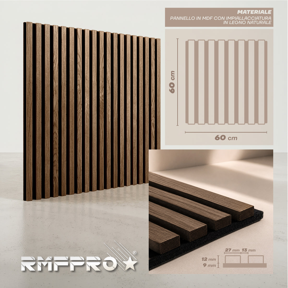 Set 5 Pannelli Decorativi Fonoassorbenti in Legno 60x60 cm – Fumo Chiaro