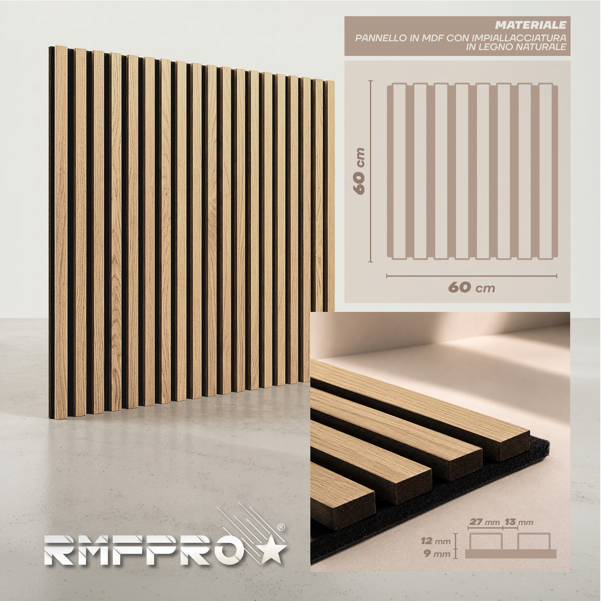 Set 5 Pannelli Decorativi Fonoassorbenti in Legno 60x60 cm – Rovere Bianco