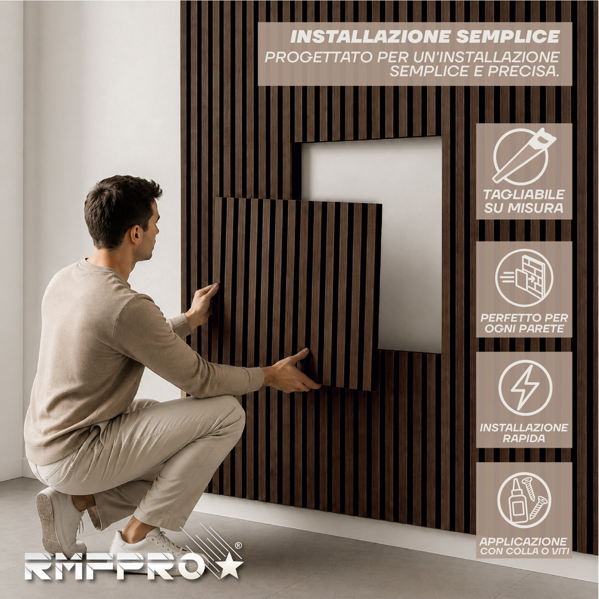 Set 5 Pannelli Decorativi Fonoassorbenti in Legno 60x60 cm – Fumo Scuro