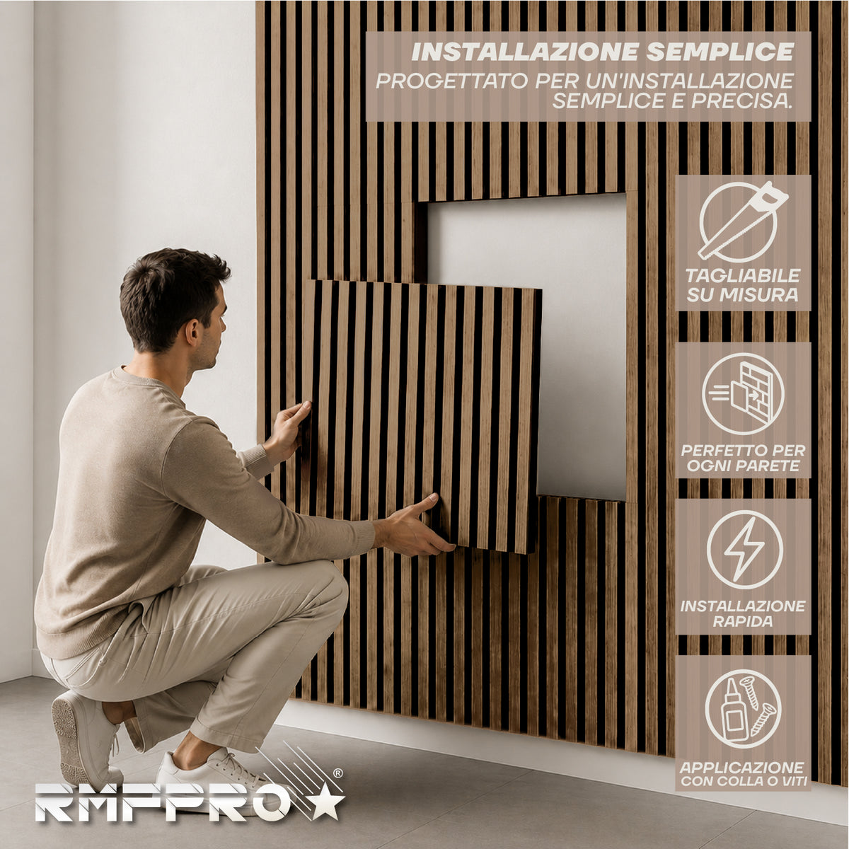 Set 5 Pannelli Decorativi Fonoassorbenti in Legno 60x60 cm – Fumo Chiaro
