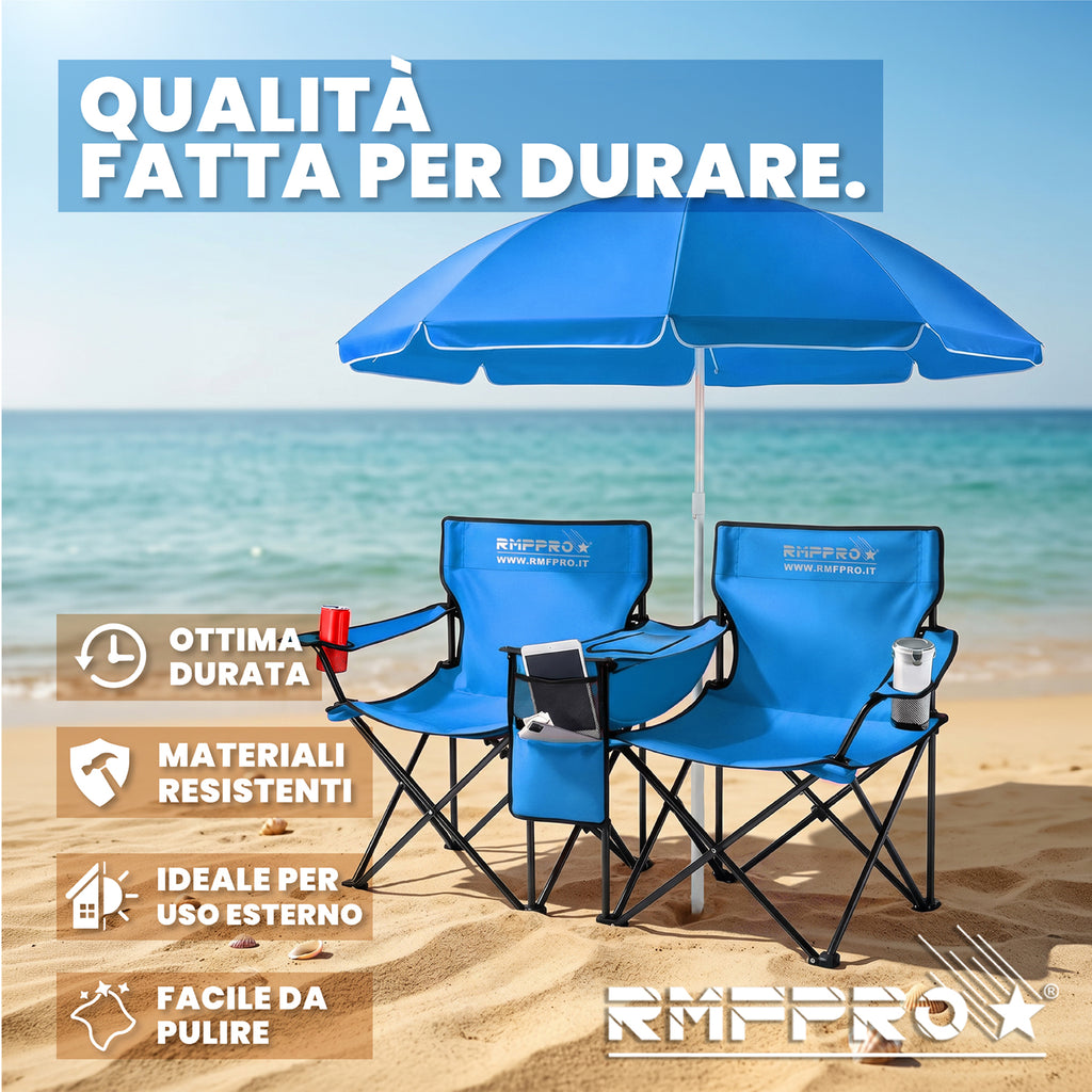 Set Ombrellone Blu con 2 Sedie da Esterno e Borsa Termica Centrale