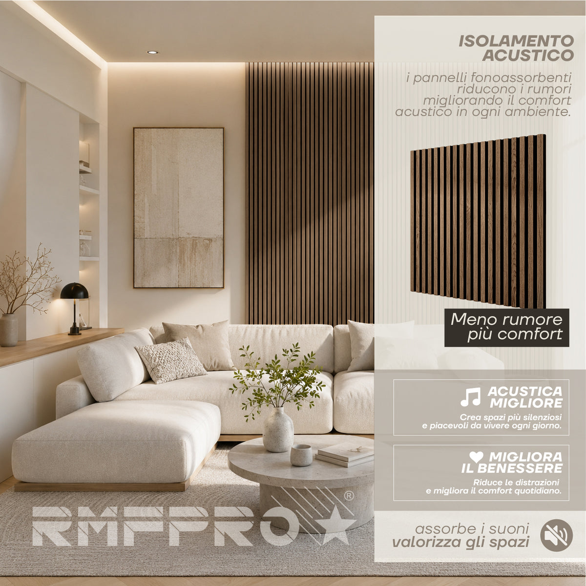 Set 5 Pannelli Decorativi Fonoassorbenti in Legno 60x60 cm – Fumo Chiaro