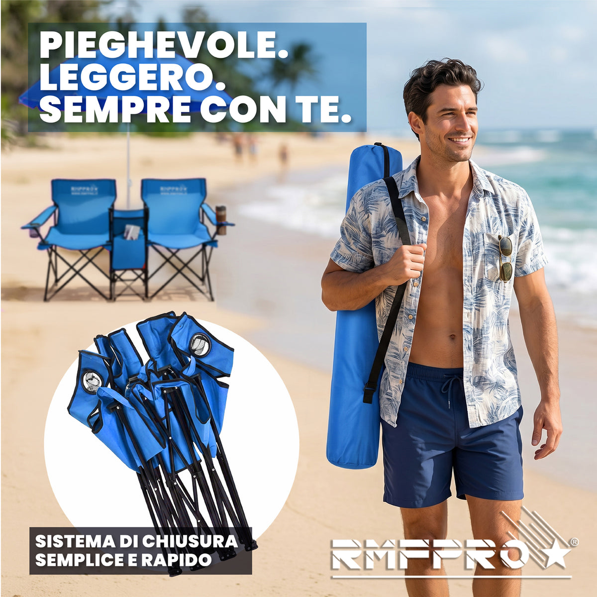 Set Ombrellone Blu con 2 Sedie da Esterno e Borsa Termica Centrale