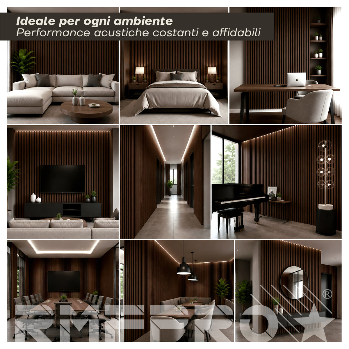 Set 5 Pannelli Decorativi Fonoassorbenti in Legno 60x60 cm – Fumo Scuro