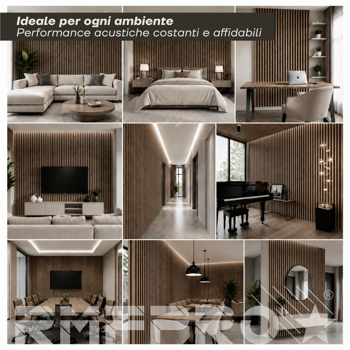 Set 5 Pannelli Decorativi Fonoassorbenti in Legno 60x60 cm – Fumo Chiaro