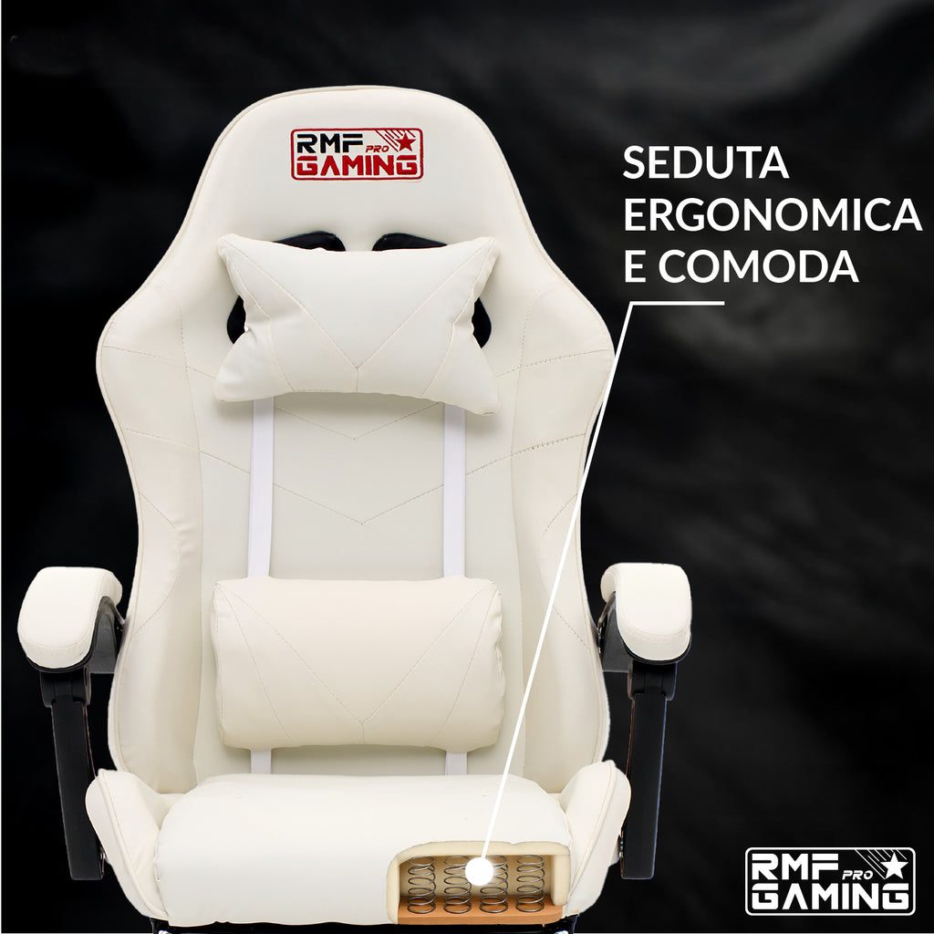Sedia gaming ergonomica bianca con supporto lombare
