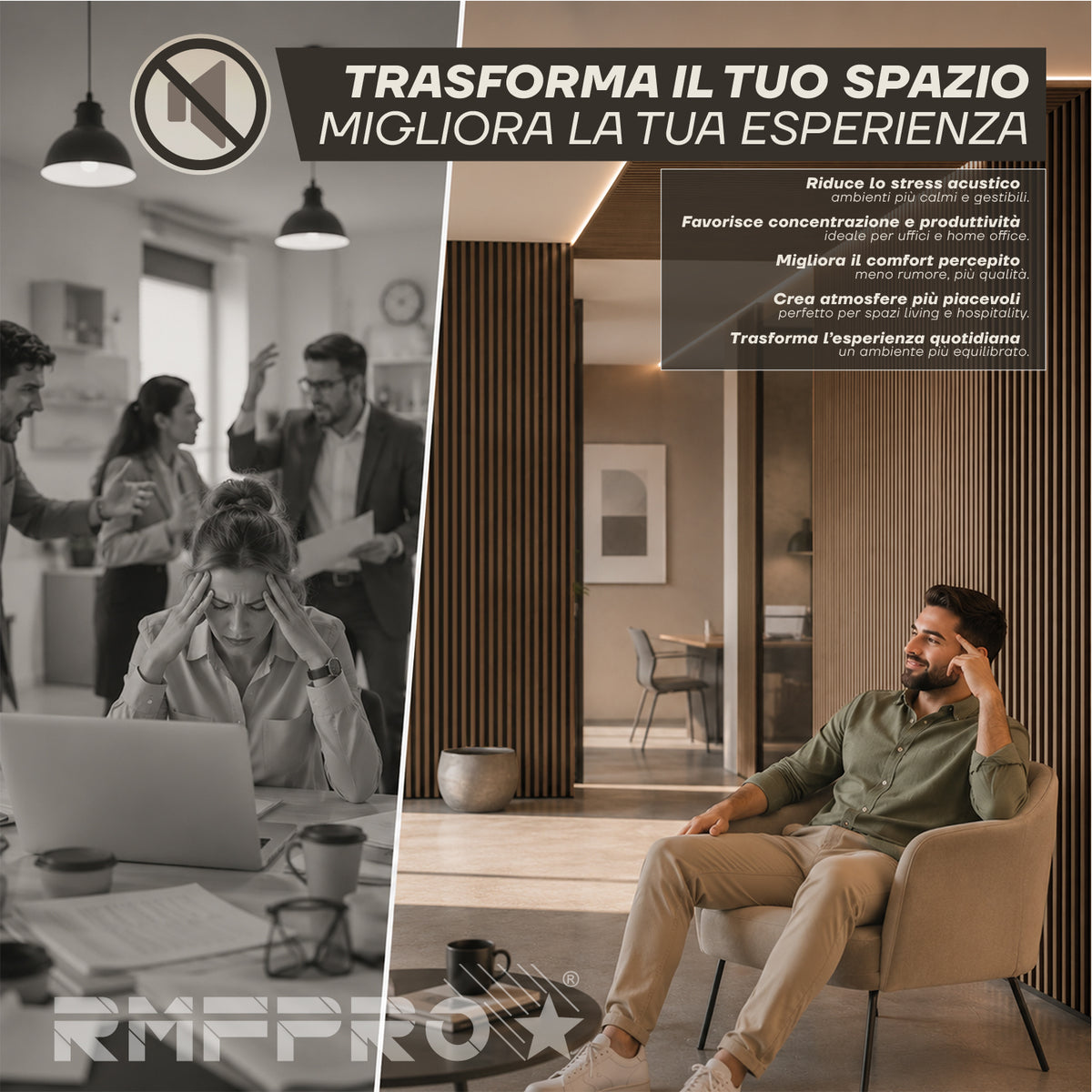 Set 5 Pannelli Decorativi Fonoassorbenti in Legno 60x60 cm – Fumo Chiaro