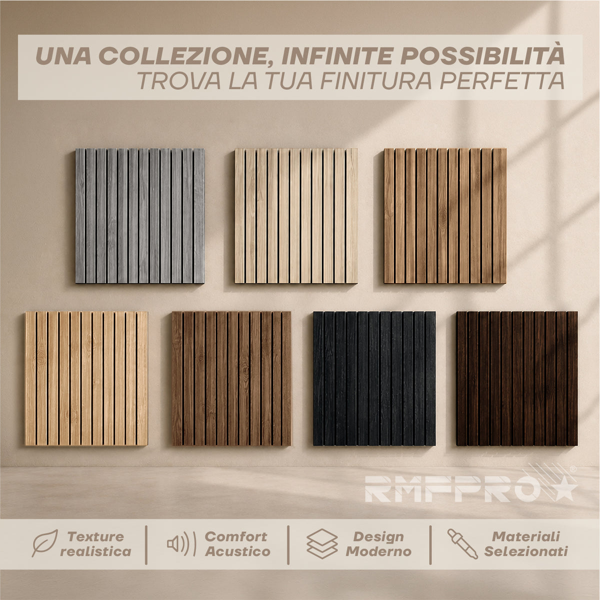 Set 5 Pannelli Decorativi Fonoassorbenti in Legno 60x60 cm – Teak