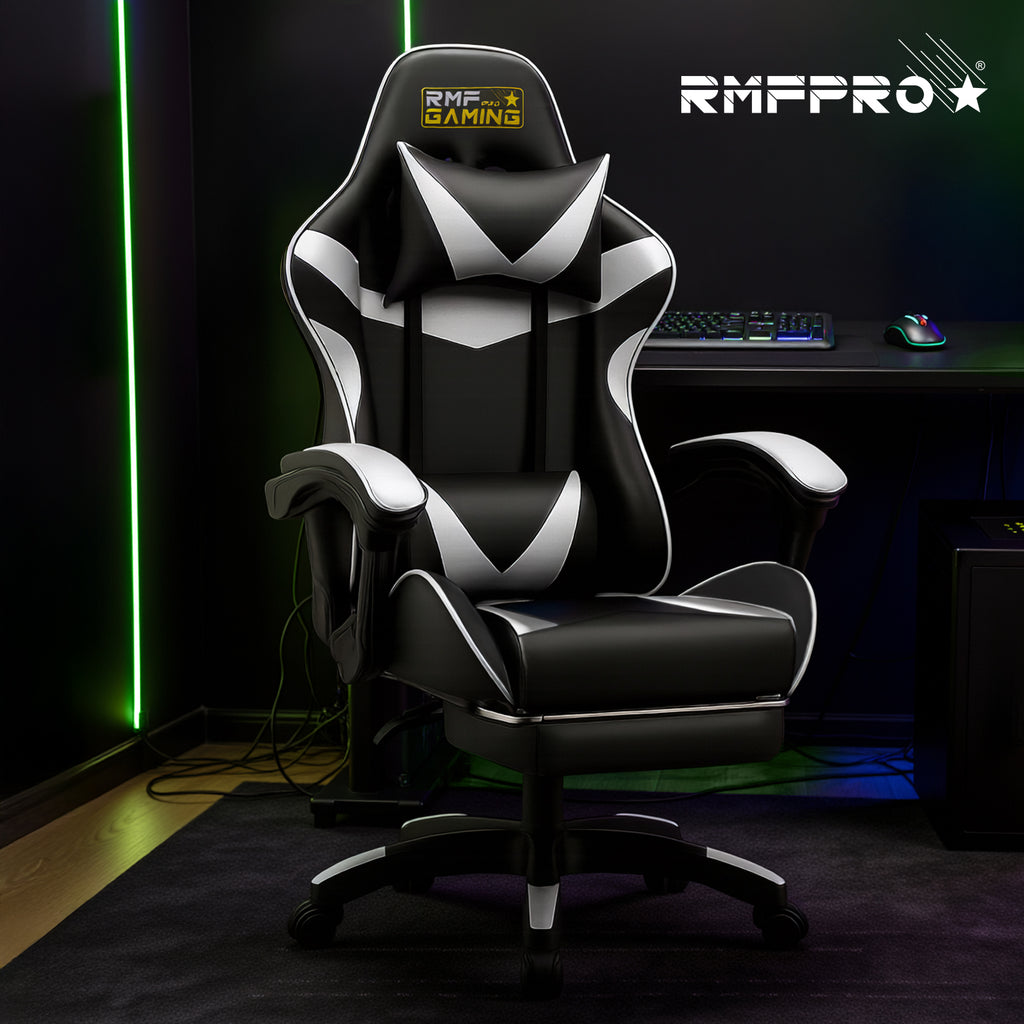 Sedia gaming ergonomica nera e bianca con supporto lombare