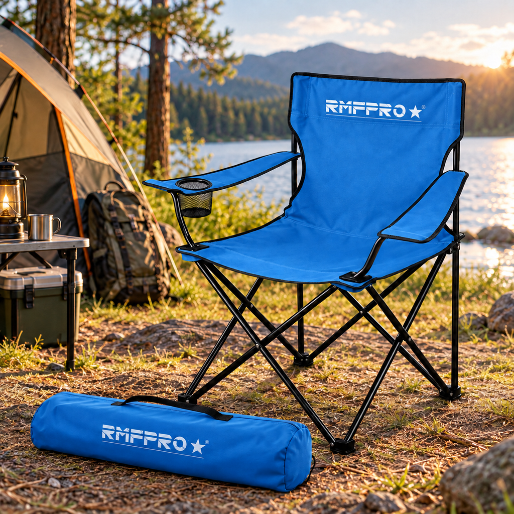 Sedia da Campeggio Pieghevole Blu – Portabicchiere, Seduta Comfort e Portata 120 kg