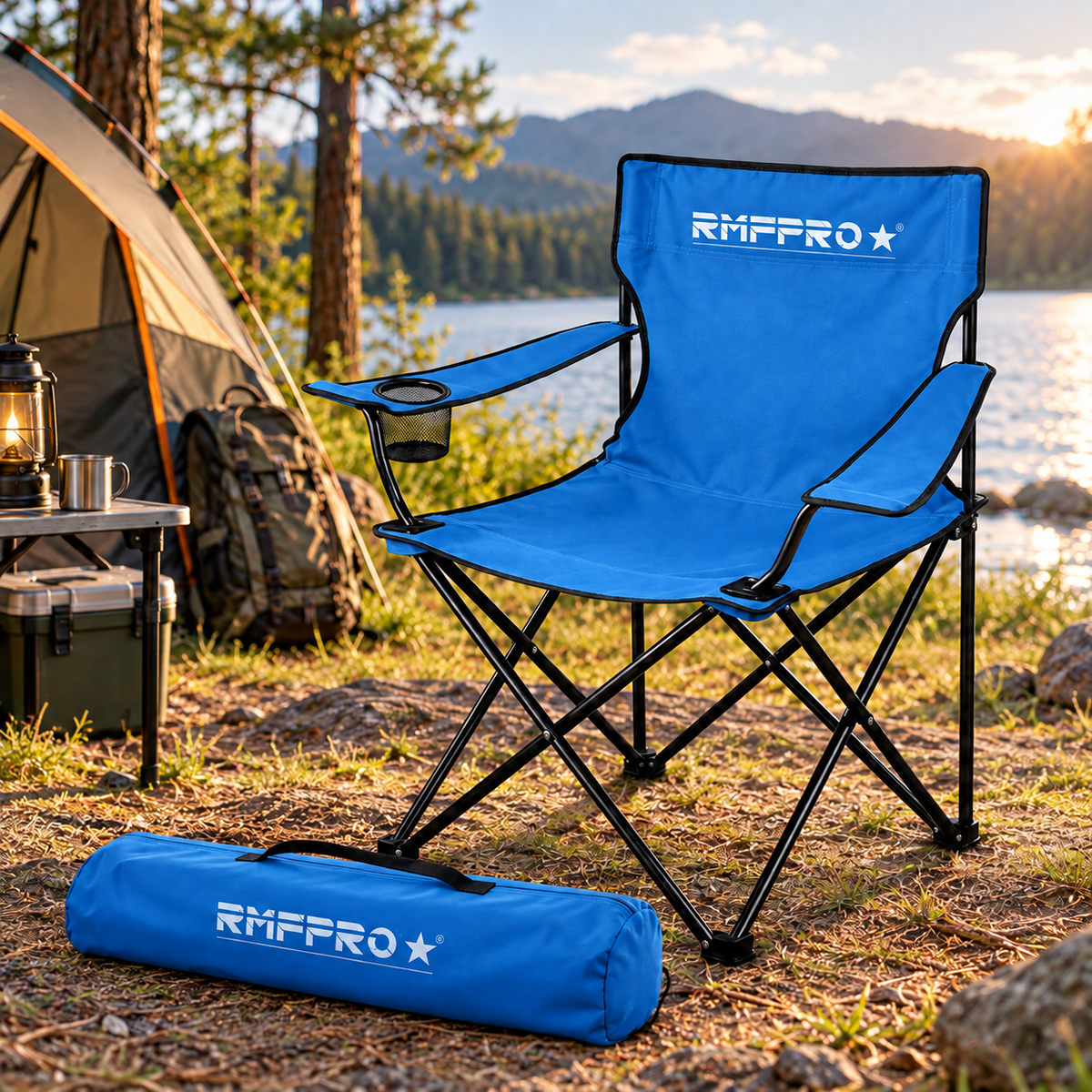 Sedia da Campeggio Pieghevole Blu – Portabicchiere, Seduta Comfort e Portata 120 kg