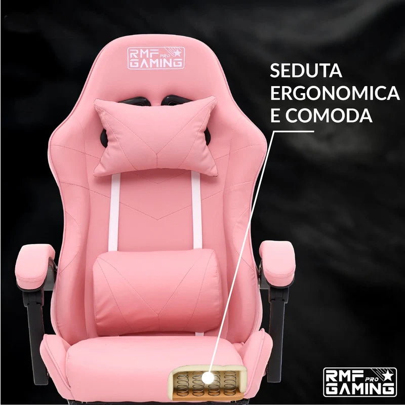 Sedia gaming ergonomica rosa con supporto lombare