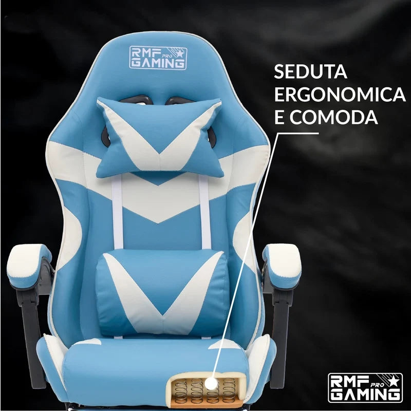 Ergonomic gaming chair with lumbar support, light blue and white