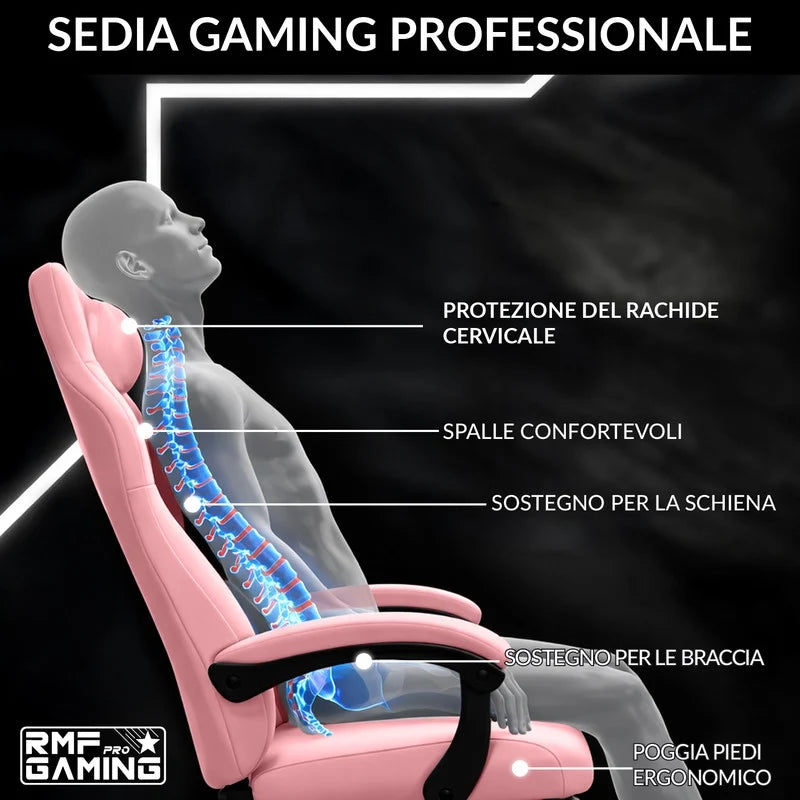 Sedia gaming ergonomica rosa con supporto lombare