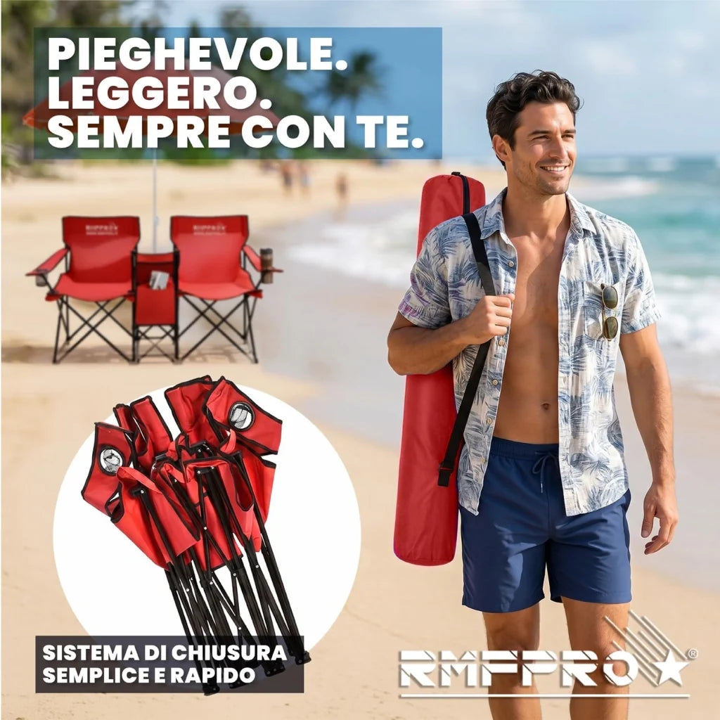 Set Ombrellone Rosso con 2 Sedie da Esterno e Borsa Termica Centrale