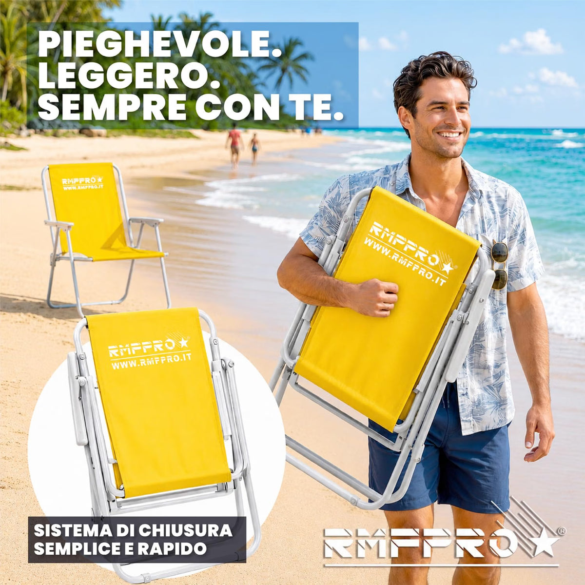 Sedia da Spiaggia Pieghevole Gialla – Braccioli, Struttura in Metallo e Portata 120 kg