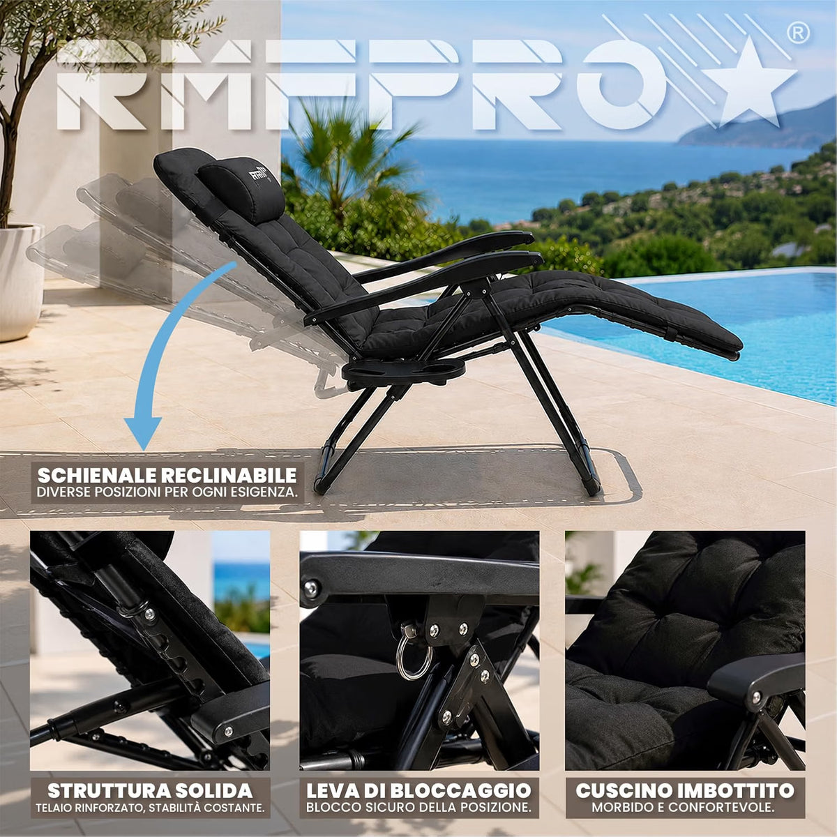 Sdraio Pieghevole Nera con Schienale Regolabile – Comfort per Balcone, Mare e Outdoor