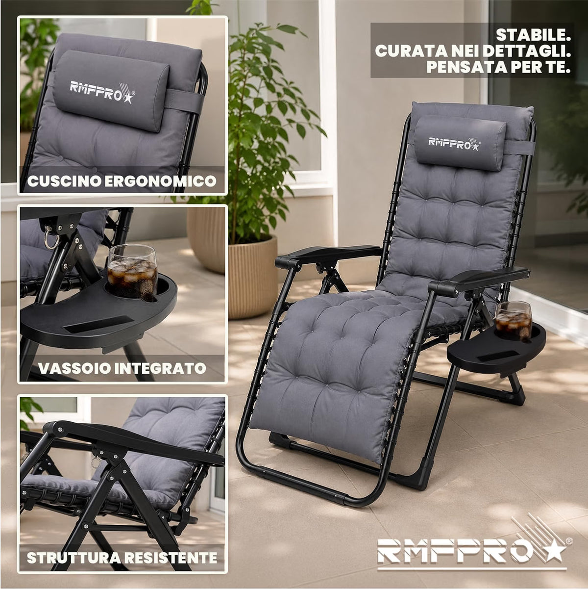 Sdraio Pieghevole Grigia con Schienale Regolabile – Comfort per Balcone, Mare e Outdoor