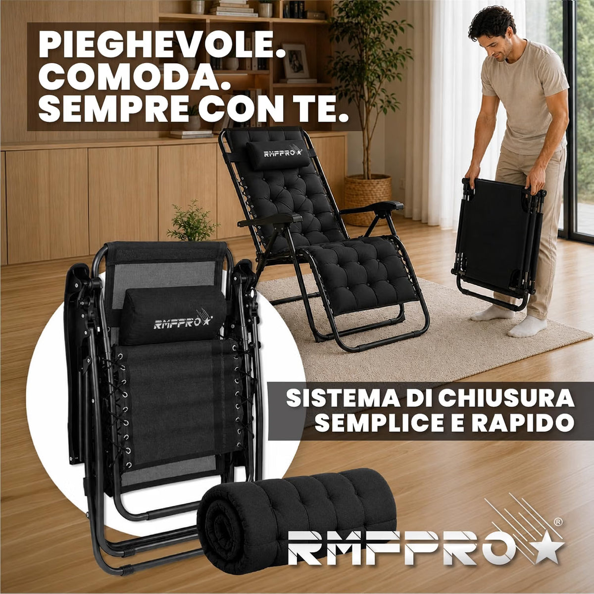 Sdraio Pieghevole Nera con Schienale Regolabile – Comfort per Balcone, Mare e Outdoor