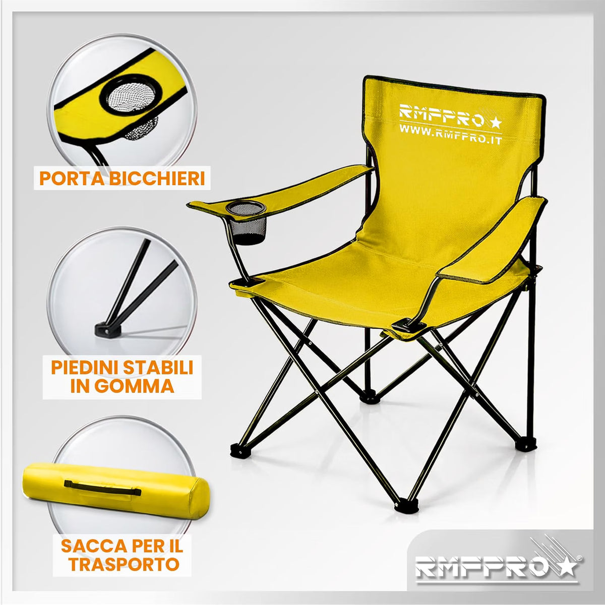 Set 4 Sedie da Campeggio Pieghevoli Gialle – Portabicchiere, Seduta Comfort e Portata 120 kg (Copia) (Copia) (Copia)