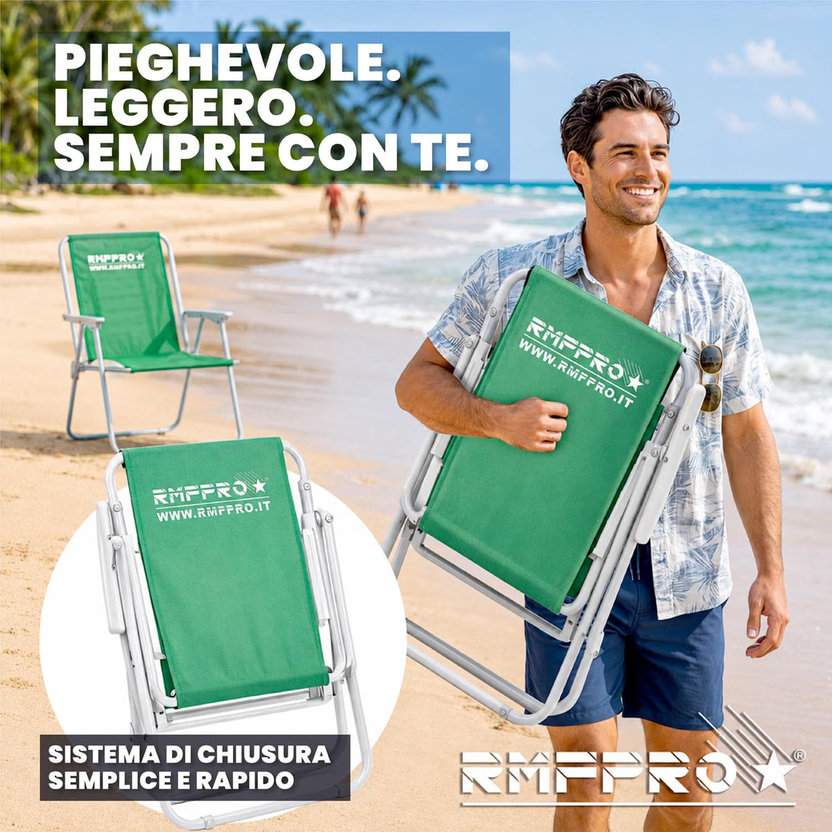Sedia da Spiaggia Pieghevole Verde – Braccioli, Struttura in Metallo e Portata 120 kg (Copia)