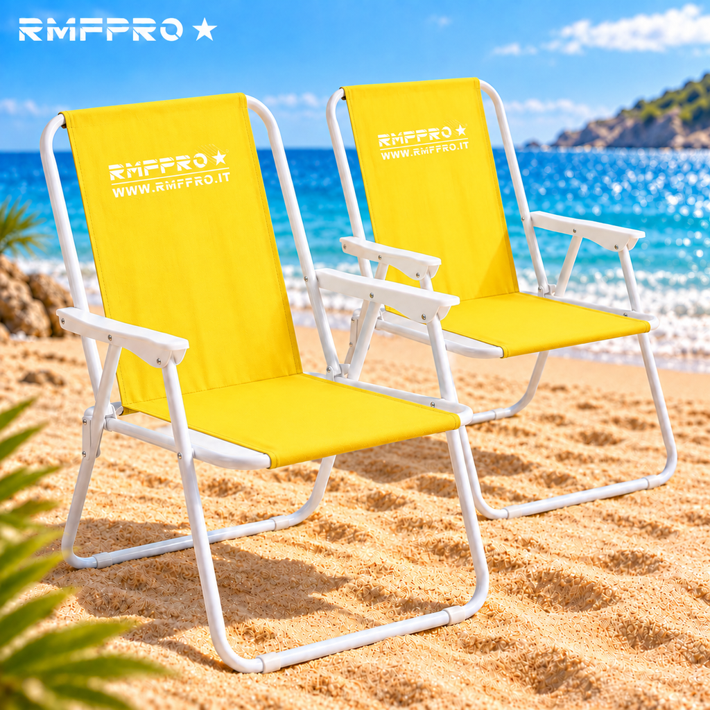 Set 2 Sedie da Spiaggia Pieghevoli Gialle – Braccioli, Struttura in Metallo e Portata 120 kg