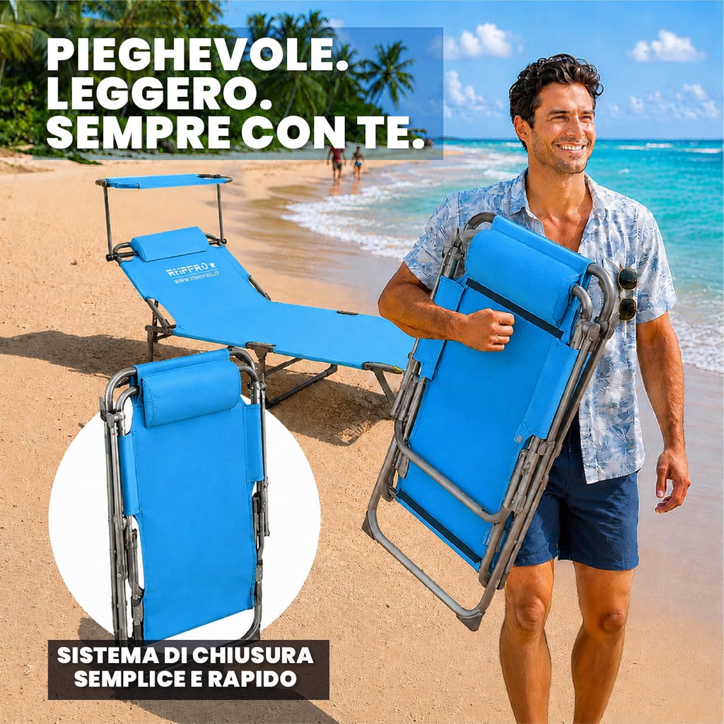 Lettini Prendisole Pieghevoli Blu – Schienale Regolabile in 4 Posizioni con Parasole e Poggiatesta