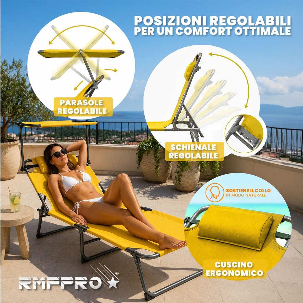 Lettini Prendisole Pieghevoli Gialli – Schienale Regolabile in 4 Posizioni con Parasole e Poggiatesta (Copia)