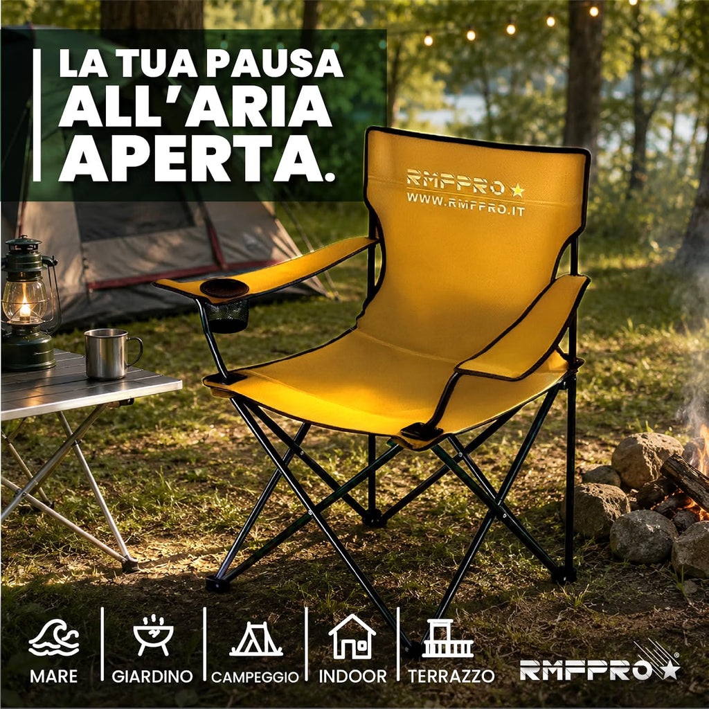 Sedia da Campeggio Pieghevole Gialla – Portabicchiere, Seduta Comfort e Portata 120 kg