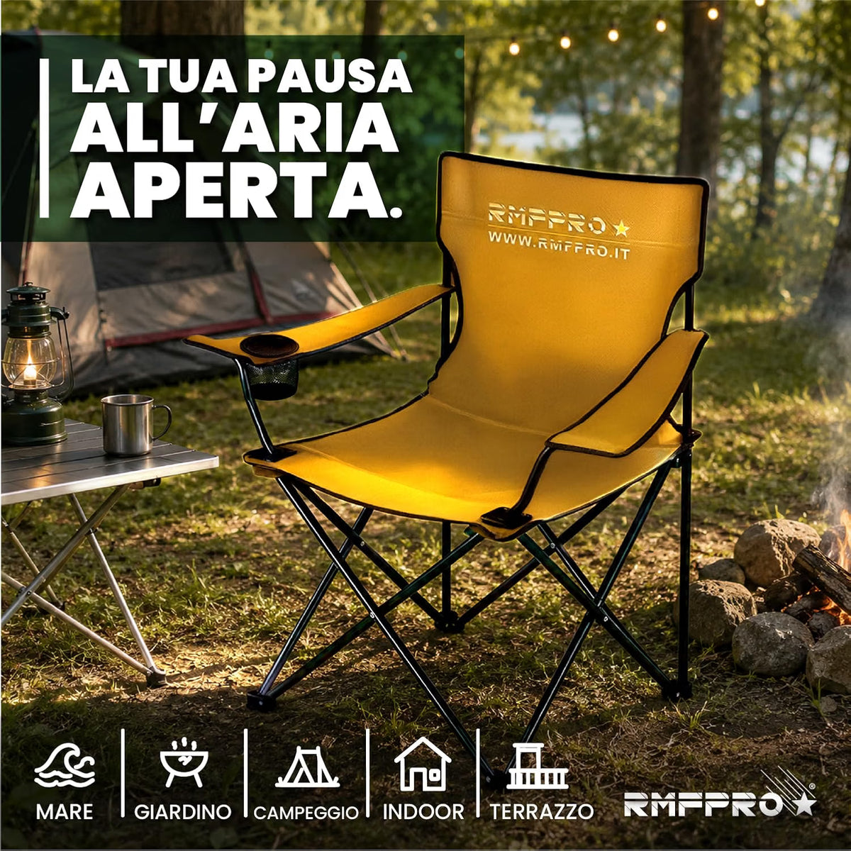 Set 4 Sedie da Campeggio Pieghevoli Gialle – Portabicchiere, Seduta Comfort e Portata 120 kg (Copia) (Copia) (Copia)