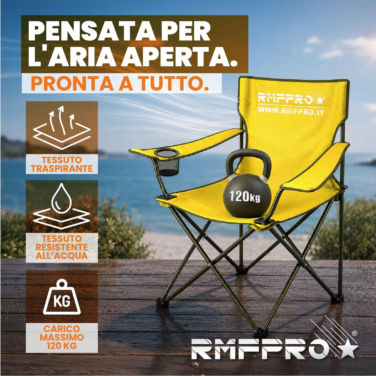 Set 4 Sedie da Campeggio Pieghevoli Gialle – Portabicchiere, Seduta Comfort e Portata 120 kg (Copia) (Copia) (Copia)