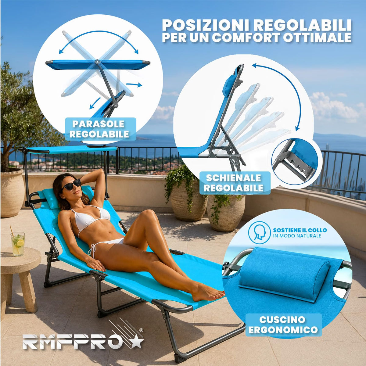 Lettini Prendisole Pieghevoli Blu – Schienale Regolabile in 4 Posizioni con Parasole e Poggiatesta