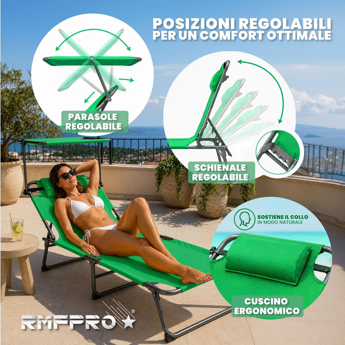 Lettini Prendisole Pieghevoli Verdi – Schienale Regolabile in 4 Posizioni con Parasole e Poggiatesta