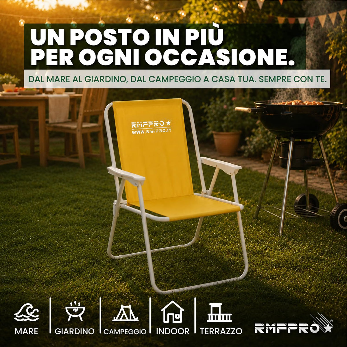 Set 4 Sedie da Spiaggia Pieghevoli Gialle – Braccioli, Struttura in Metallo e Portata 120 kg