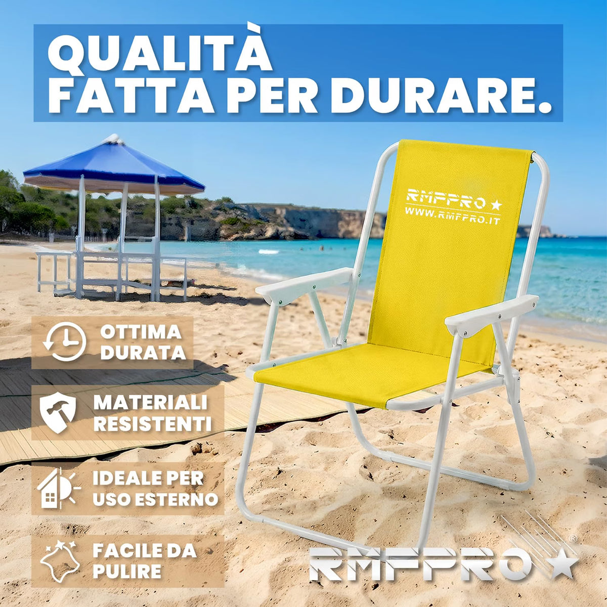 Set 4 Sedie da Spiaggia Pieghevoli Gialle – Braccioli, Struttura in Metallo e Portata 120 kg