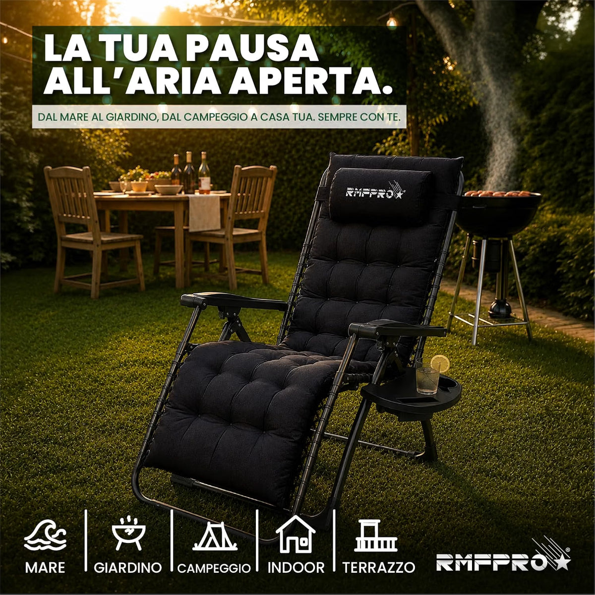 Sdraio Pieghevole Nera con Schienale Regolabile – Comfort per Balcone, Mare e Outdoor