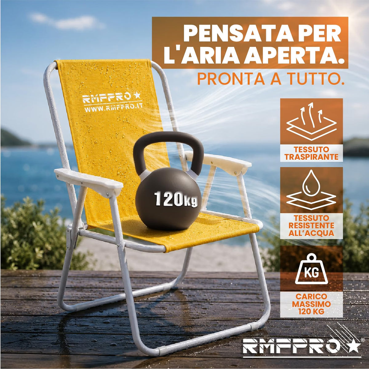 Set 4 Sedie da Spiaggia Pieghevoli Gialle – Braccioli, Struttura in Metallo e Portata 120 kg